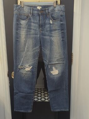 J. Crew Distressed Light Blue Boyfriend Jeans with Gold Stitching